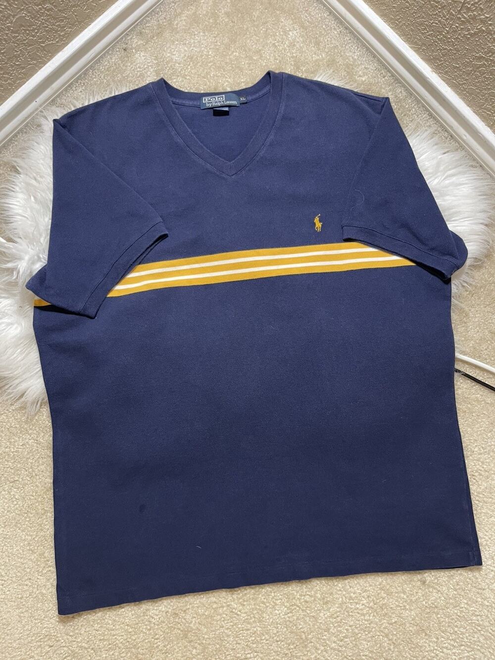 Vintage Polo Ralph Lauren Navy Blue V-Neck T-Shirt with Yellow White Stripes XL